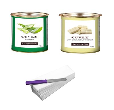 CUVLY Wax Waxing Hair Removal Hot Wax Kit,White Chocolate Wax 600g + Aloe Vera Wax 600g + strip 70pcs + knife Wax Combo Kit (Pack of 4) (Aloe Vera Wax & White Chocolate Wax)