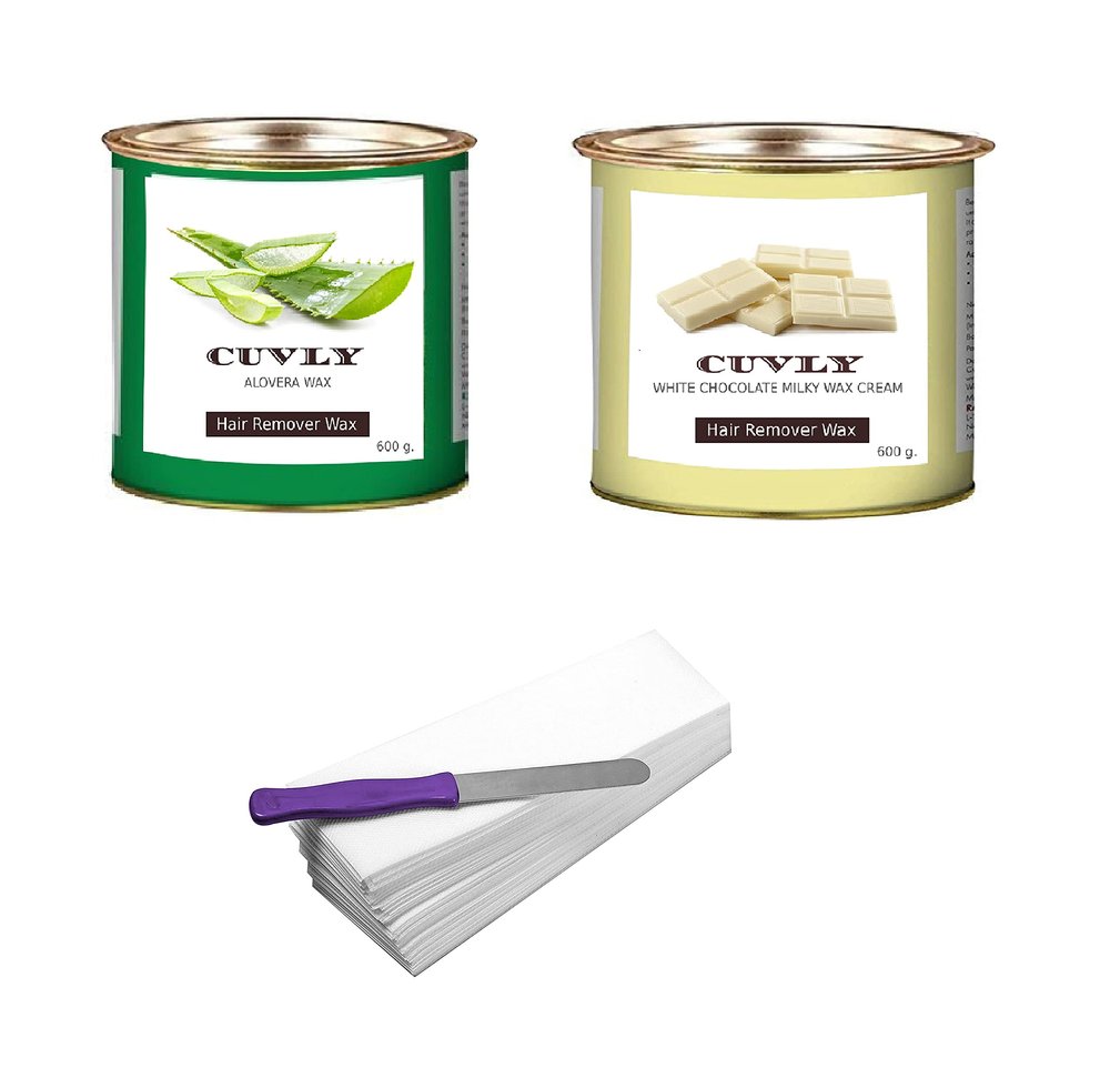 CUVLY Wax Waxing Hair Removal Hot Wax Kit,White Chocolate Wax 600g + Aloe Vera Wax 600g + strip 70pcs + knife Wax Combo Kit (Pack of 4) (Aloe Vera Wax & White Chocolate Wax)