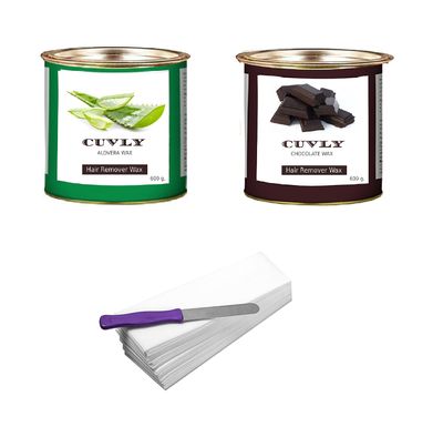 CUVLY Wax Waxing Hair Removal Hot Wax Kit, Chocolate Wax 600g + Aloe Vera Wax 600g + strip 70pcs + knife Wax Combo Kit (Pack of 4) (Chocolate Wax & Aloe Vera Wax)