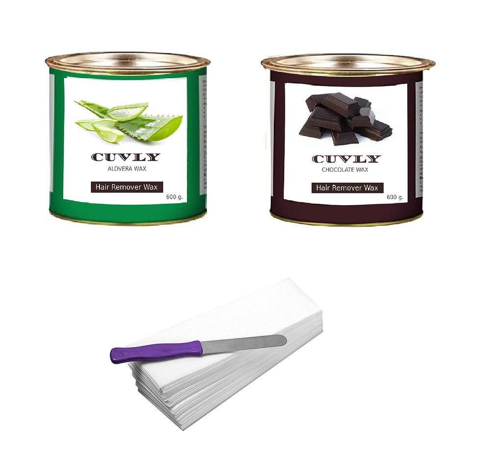 CUVLY Wax Waxing Hair Removal Hot Wax Kit, Chocolate Wax 600g + Aloe Vera Wax 600g + strip 70pcs + knife Wax Combo Kit (Pack of 4) (Chocolate Wax & Aloe Vera Wax)