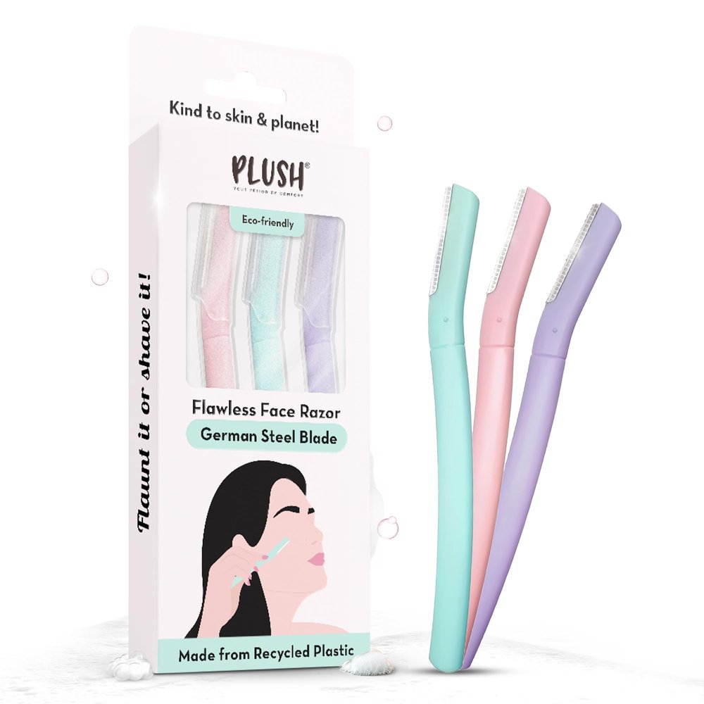 Plush Flawless Reusable Face Razor for Woman (Pack of 3) | Eyebrow & Facial razor with Single German Steel Blade | Instant & Painless Hair Removal for Upper Lips, Forehead, Sideburns | Prevents Razor Burns