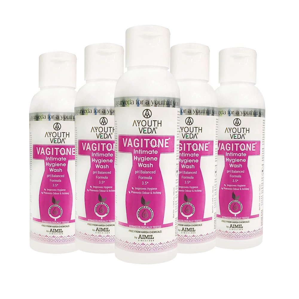 Ayouthveda Vagitone Intimate Hygiene Wash | Enriched With Aloe Vera, Amla & Green Tea | PH Balancing Formula, Prevents Dryness, Itchiness & Bad Odor | For Women (Pack of 5-100ml each)