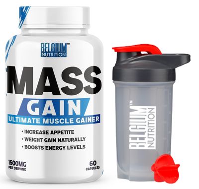 Belgium Nutrition Bulk Gain Mass & Weight Gainer Capsule for Fast Weight & Muscle Gain, Muscle Building Weight Lifters Supplement Muscle Growth, Stamina & Strength - Men & Women, 60 Cap. | Free Shaker