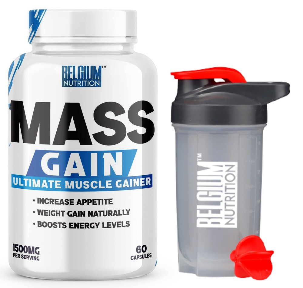 Belgium Nutrition Bulk Gain Mass & Weight Gainer Capsule for Fast Weight & Muscle Gain, Muscle Building Weight Lifters Supplement Muscle Growth, Stamina & Strength - Men & Women, 60 Cap. | Free Shaker