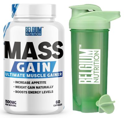 Belgium Nutrition Bulk Gain Mass & Weight Gainer Capsule for Fast Weight & Muscle Gain, Muscle Building Weight Lifters Supplement Muscle Growth, Stamina & Strength - Men & Women, 60 Cap. | Free Shaker