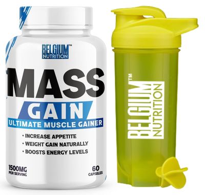 Belgium Nutrition Bulk Gain Mass & Weight Gainer Capsule for Fast Weight & Muscle Gain, Muscle Building Weight Lifters Supplement Muscle Growth, Stamina & Strength - Men & Women, 60 Cap. | Free Shaker