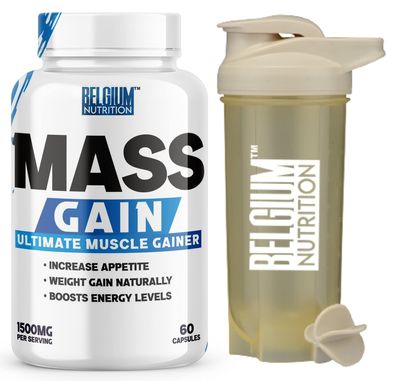 Belgium Nutrition Bulk Gain Mass & Weight Gainer Capsule for Fast Weight & Muscle Gain, Muscle Building Weight Lifters Supplement Muscle Growth, Stamina & Strength - Men & Women, 60 Cap. | Free Shaker