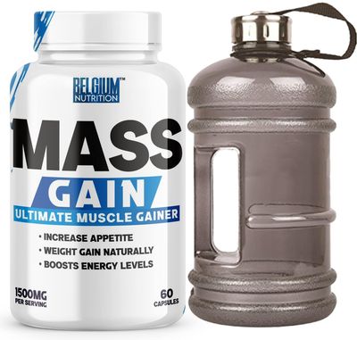 Belgium Nutrition Bulk Gain Mass & Weight Gainer Capsule for Fast Weight & Muscle Gain, Muscle Building Weight Lifters Supplement Muscle Growth, Stamina & Strength - Men & Women, 60 Cap. | Free Gallon