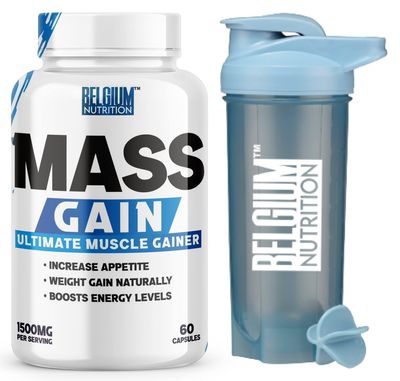 Belgium Nutrition Bulk Gain Mass & Weight Gainer Capsule for Fast Weight & Muscle Gain, Muscle Building Weight Lifters Supplement Muscle Growth, Stamina & Strength - Men & Women, 60 Cap. | Free Shaker