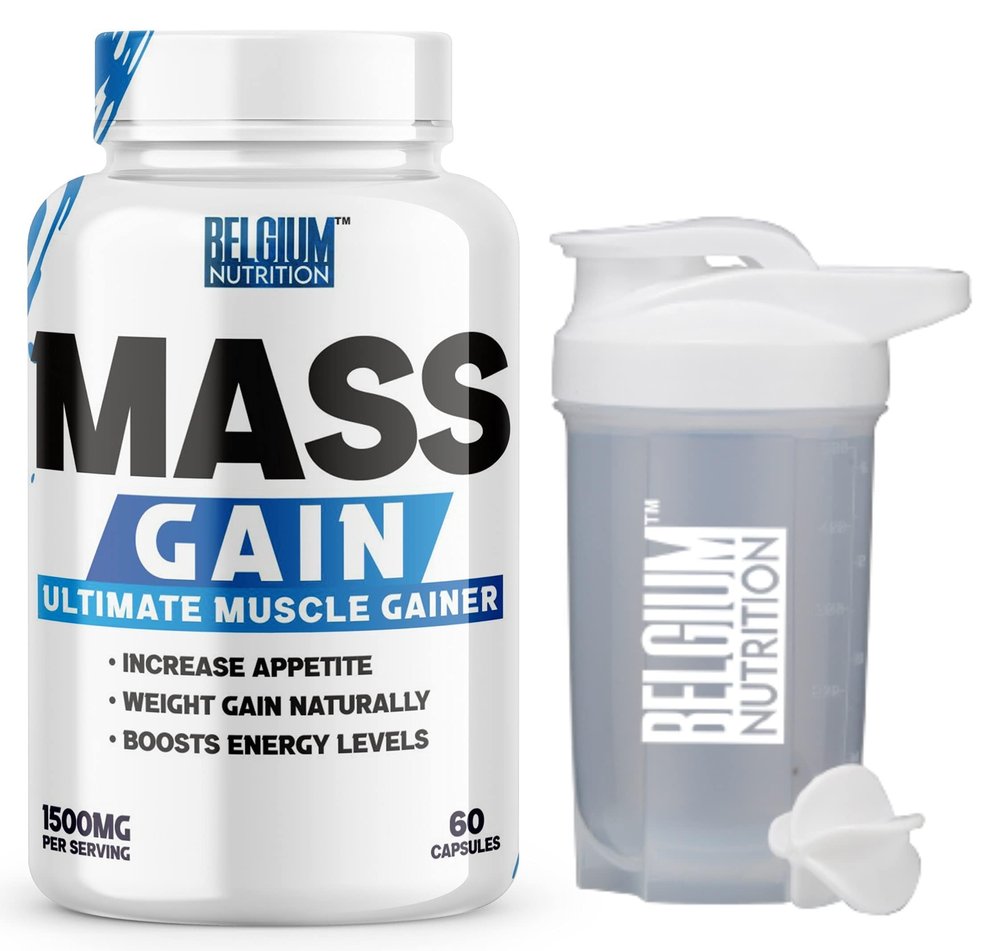 Belgium Nutrition Bulk Gain Mass & Weight Gainer Capsule for Fast Weight & Muscle Gain, Muscle Building Weight Lifters Supplement Muscle Growth, Stamina & Strength - Men & Women, 60 Cap. | Free Shaker