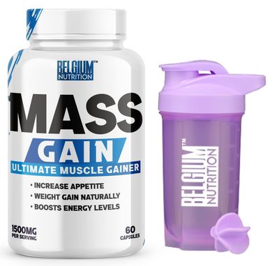 Belgium Nutrition Bulk Gain Mass & Weight Gainer Capsule for Fast Weight & Muscle Gain, Muscle Building Weight Lifters Supplement Muscle Growth, Stamina & Strength - Men & Women, 60 Cap. | Free Shaker