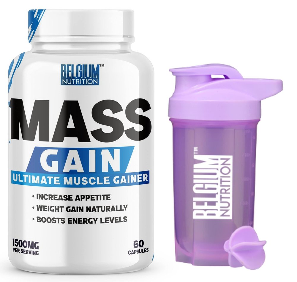 Belgium Nutrition Bulk Gain Mass & Weight Gainer Capsule for Fast Weight & Muscle Gain, Muscle Building Weight Lifters Supplement Muscle Growth, Stamina & Strength - Men & Women, 60 Cap. | Free Shaker