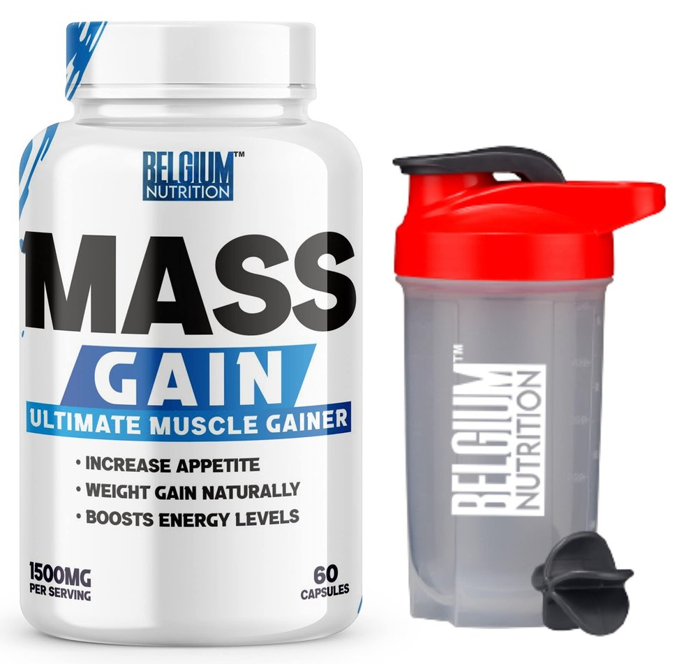 Belgium Nutrition Bulk Gain Mass & Weight Gainer Capsule for Fast Weight & Muscle Gain, Muscle Building Weight Lifters Supplement Muscle Growth, Stamina & Strength - Men & Women, 60 Cap. | Free Shaker
