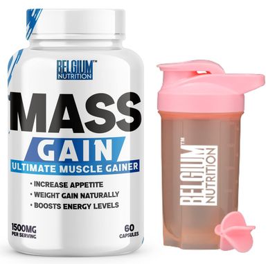Belgium Nutrition Bulk Gain Mass & Weight Gainer Capsule for Fast Weight & Muscle Gain, Muscle Building Weight Lifters Supplement Muscle Growth, Stamina & Strength - Men & Women, 60 Cap. | Free Shaker