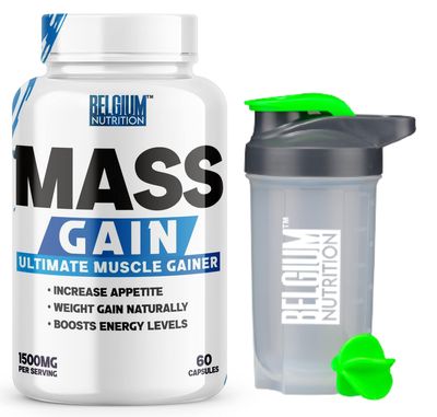 Belgium Nutrition Bulk Gain Mass & Weight Gainer Capsule for Fast Weight & Muscle Gain, Muscle Building Weight Lifters Supplement Muscle Growth, Stamina & Strength - Men & Women, 60 Cap. | Free Shaker