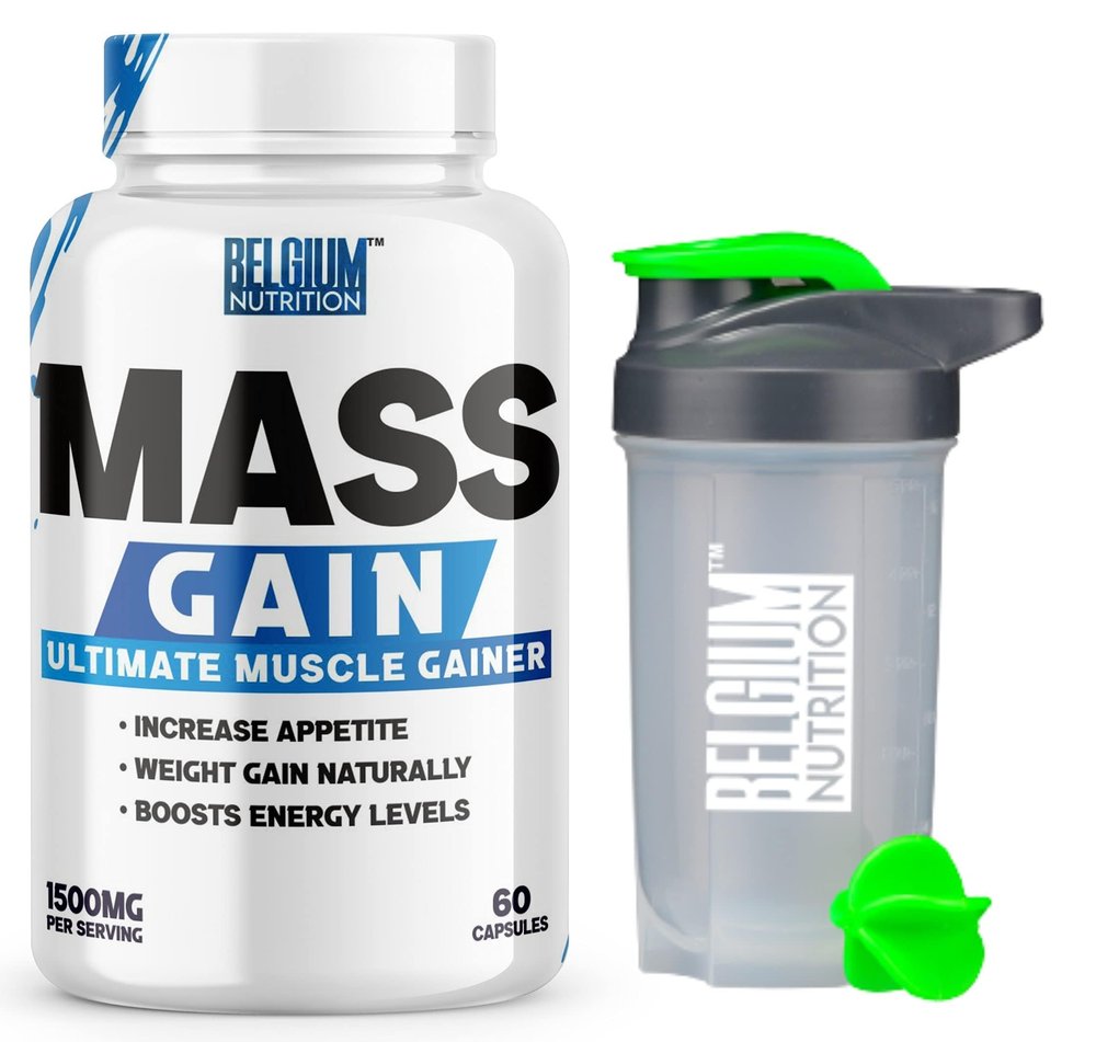 Belgium Nutrition Bulk Gain Mass & Weight Gainer Capsule for Fast Weight & Muscle Gain, Muscle Building Weight Lifters Supplement Muscle Growth, Stamina & Strength - Men & Women, 60 Cap. | Free Shaker