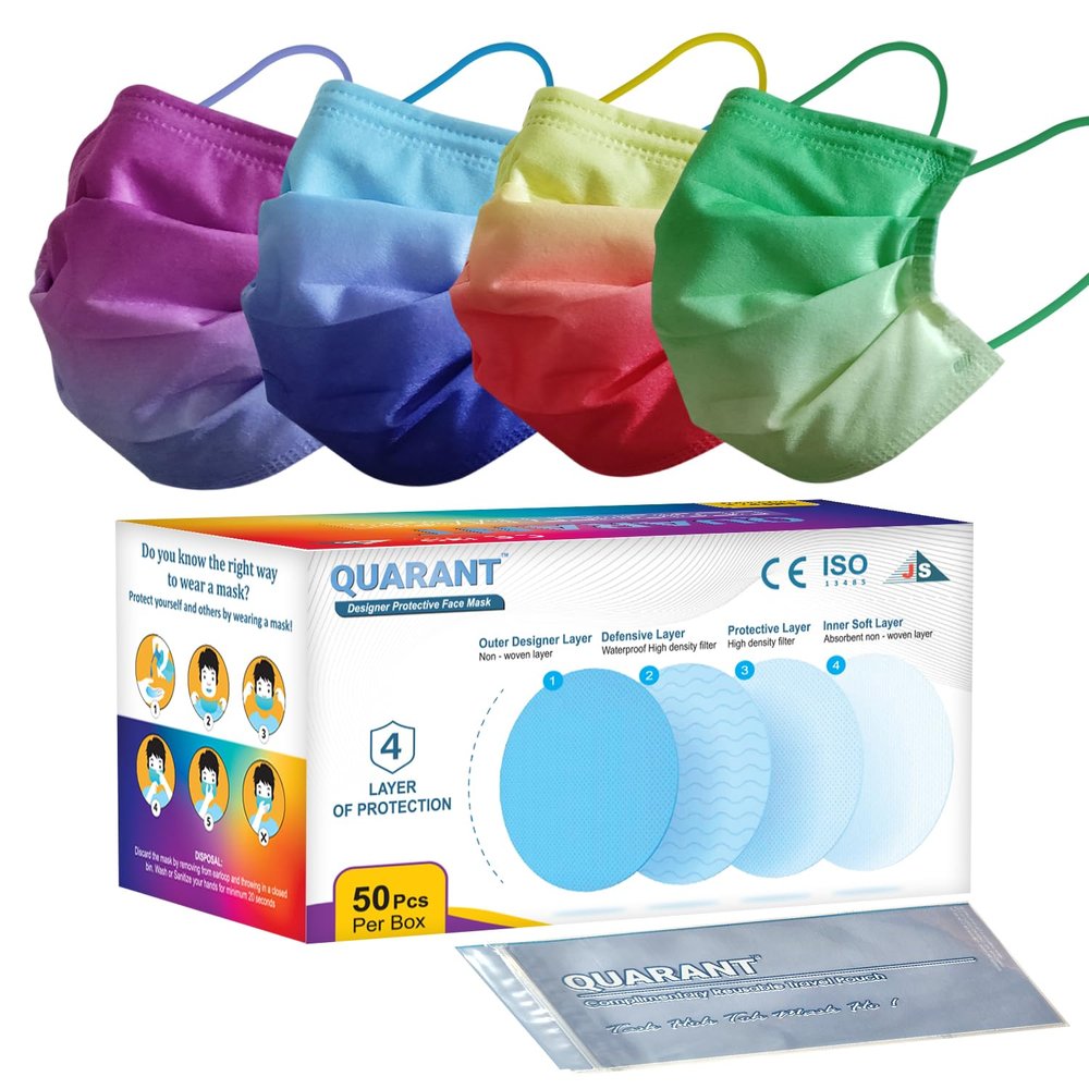 QUARANT Meltblown - Dual SMMS Fabric 4 Ply Designer Protective Face Mask with Nose Clip and Reusable Travel Pouch, Fashion That's Safe (Ombre Combo, Pack of 50) for Unisex