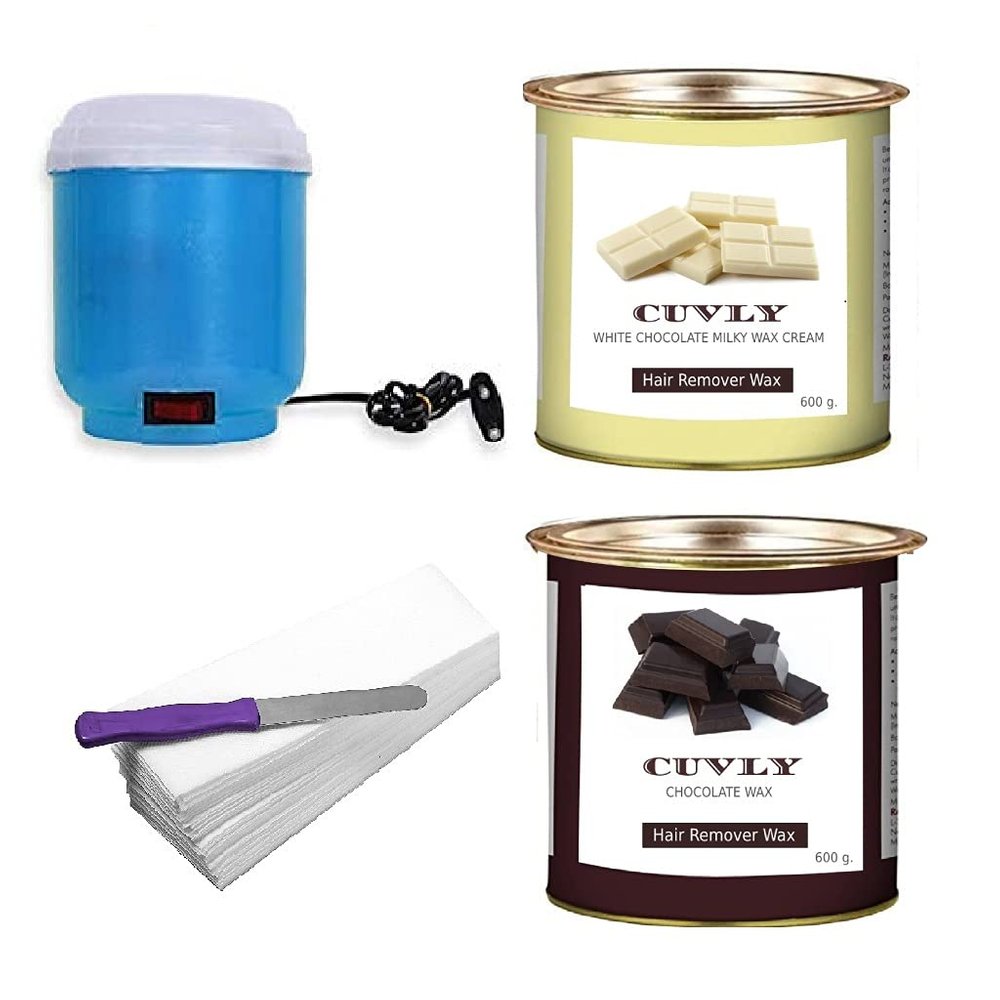 CUVLY Waxing Kit Combo (Wax Heater + Chocolate Wax (600 gm) + White Chocolate Wax (600 gm) + Wax Strips (70) + Wax Spatula) wax machine heater