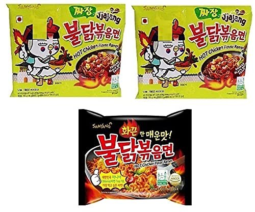 Samyang Korean Ramen Buldak Jijang Flavour Spicy Noodles PacK2 & Buldak Hot Chicken StireFried Noodles PacK1(Pack of 3) (420gm) (Imported) Instant Noodles Non-vegetarian (3x140 g)(Combo Pack)