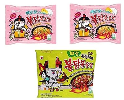 Samyang Korean Ramen Buldak Carbo Flavour Spicy Noodles PacK2 & Buldak Jijang Flavour Noodles PacK1(Pack of 3) (420gm) (Imported) Instant Noodles Non-vegetarian (3x140 g)(Combo Pack)