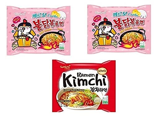 Sam Yang Korean Ramen Buldak Carbo Flavour Spicy Noodles Pack2&Buldak Hot Chicken Ramen Kimchi Noodles Pack1(Pack Of 3)(420Gm)(Imported)Instant Noodles Non-Vegetarian(3X140 G)(Combo Pack)