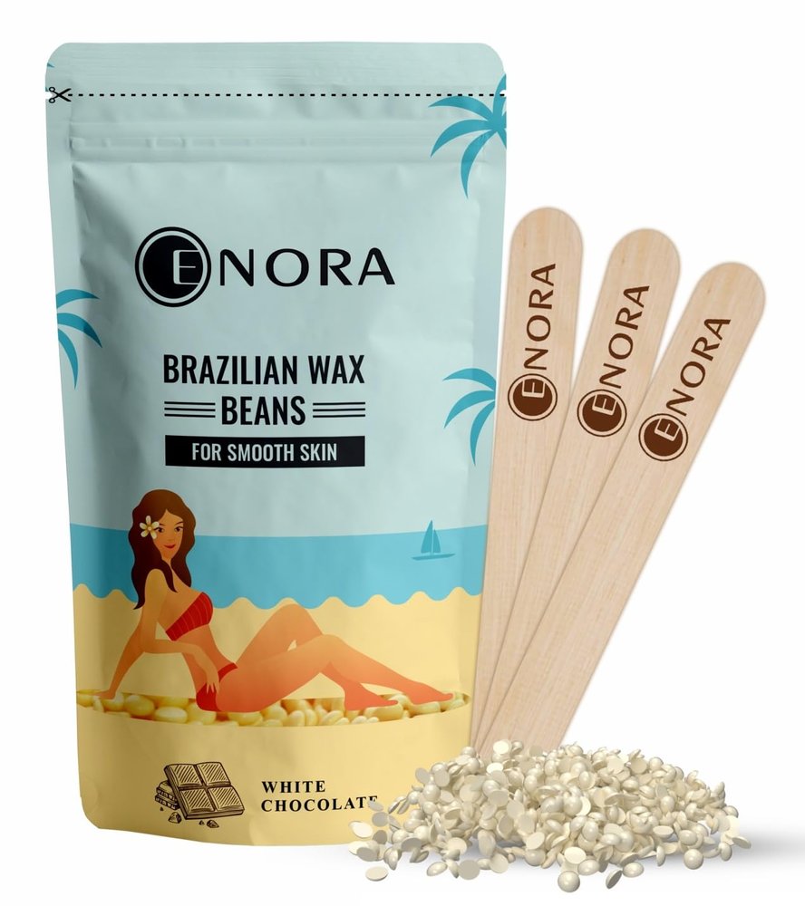 ENORA Brazilian Stripless Wax Beans for Women (100g) | With Wooden Spatula | Natural | For Face, Chin, Hairline, Bikini Area & Full Body Hair Removal (100 Gram, White Chocolate)