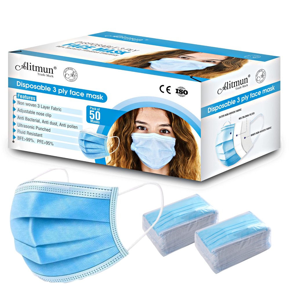 ALITMUN 3 Ply Disposable Face Mask (Pack of 500, Blue Color) with Adjustable Nose Pin & Soft Ear loop, 3 Layer Medical Surgical Mask with BFE/PFE >98%, CE ISO certified, for Men & Women (500)
