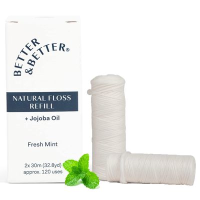 Better & Better Natural Floss Refill | 100% Plant-Based Waxed Dental Floss | with Natural Jojoba Oil and Peppermint | Eco-Friendly, Zero Plastic Oral Care | 2 Floss bobbins only, 2X 30m/32.8yd