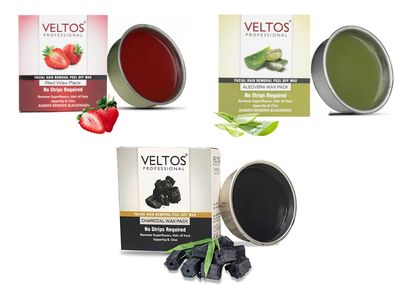 VELTOS PROFESSIONAL Peel-Off Katori Wax For Upper Lip, Facial Hair, Eyebrow, Chin | Face Wax Combo (Aloe Vera, Charcoal & Red Wine - 80gm Each)