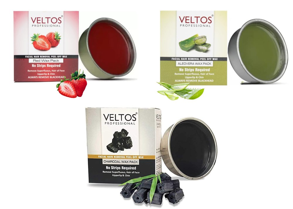 VELTOS PROFESSIONAL Peel-Off Katori Wax For Upper Lip, Facial Hair, Eyebrow, Chin | Face Wax Combo (Aloe Vera, Charcoal & Red Wine - 80gm Each)