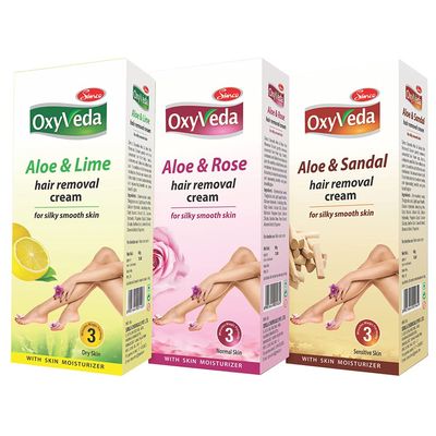 Simco Oxyveda Hair Removal Cream | Aloe & Lime + Aloe & Rose + Aloe & Sandal (Combo Pack of 3 Hair Removal Creams, 60 g Each) | Ideal Hair Removal Cream for Women