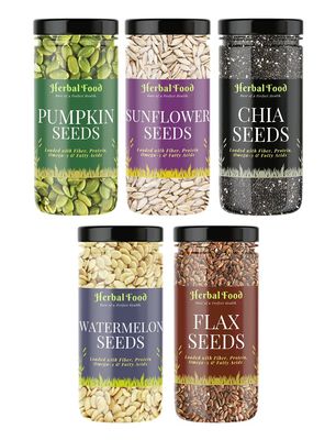 Herbal Food All Edible Seeds Combo Pack of - 750g | Healthy Chia, Pumpkin, Sunflower, Flax, Watermelon Seeds 150g Each [Jar Pack]
