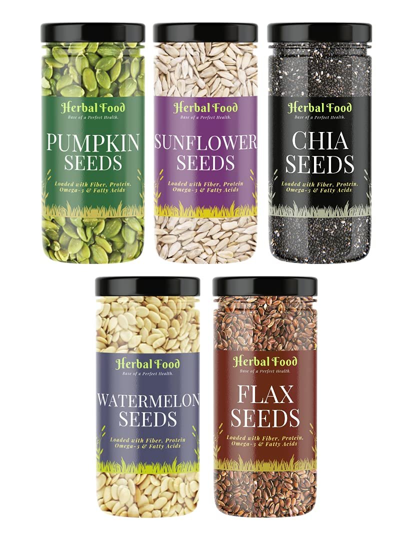 Herbal Food All Edible Seeds Combo Pack of - 750g | Healthy Chia, Pumpkin, Sunflower, Flax, Watermelon Seeds 150g Each [Jar Pack]