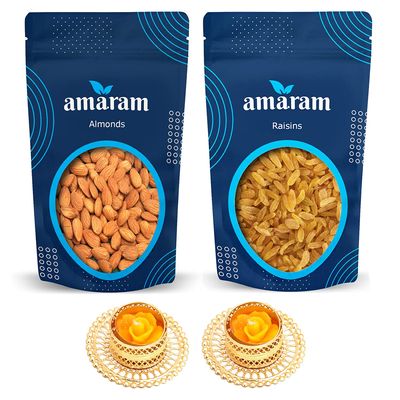 Amaram by Ghasitaram Almonds and Raisins Pouches with 2 T-Lites|Dryfruit Gift Hamper|Dry Fruit Combo Pack Offer|Dry Fruit Gift Pack|Dry Fruit Box|Diwali Dry Fruit Gift Pouch|Mix Nut|