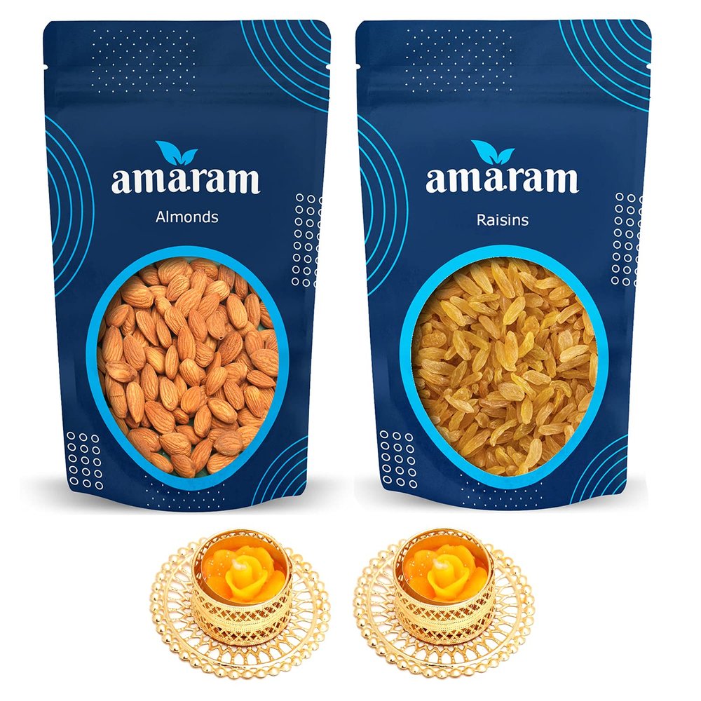 Amaram by Ghasitaram Almonds and Raisins Pouches with 2 T-Lites|Dryfruit Gift Hamper|Dry Fruit Combo Pack Offer|Dry Fruit Gift Pack|Dry Fruit Box|Diwali Dry Fruit Gift Pouch|Mix Nut|