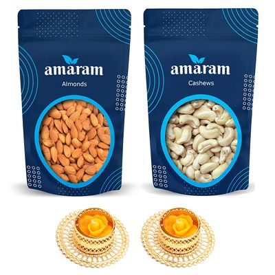 Amaram by Ghasitaram Almonds and Cashew Pouches with 2 T-Lites|Dryfruit Gift Hamper|Dry Fruit Combo Pack Offer|Dry Fruit Gift Pack|Dry Fruit Box|Diwali Dry Fruit Gift Pouch|Mix Nut|