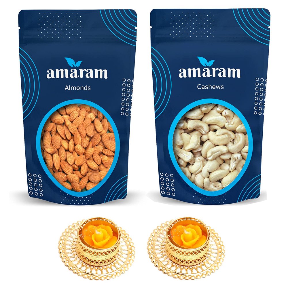 Amaram by Ghasitaram Almonds and Cashew Pouches with 2 T-Lites|Dryfruit Gift Hamper|Dry Fruit Combo Pack Offer|Dry Fruit Gift Pack|Dry Fruit Box|Diwali Dry Fruit Gift Pouch|Mix Nut|