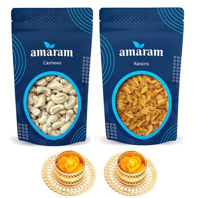 Amaram by Ghasitaram Cashews and Raisins Pouches with 2 T-Lites|Dryfruit Gift Hamper|Dry Fruit Combo Pack Offer|Dry Fruit Gift Pack|Dry Fruit Box|Diwali Dry Fruit Gift Pouch|Mix Nut|