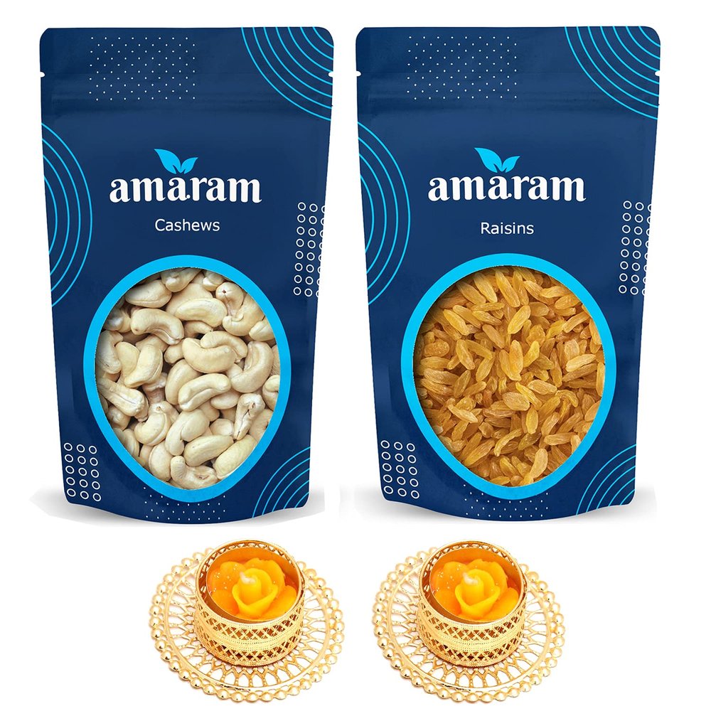 Amaram by Ghasitaram Cashews and Raisins Pouches with 2 T-Lites|Dryfruit Gift Hamper|Dry Fruit Combo Pack Offer|Dry Fruit Gift Pack|Dry Fruit Box|Diwali Dry Fruit Gift Pouch|Mix Nut|