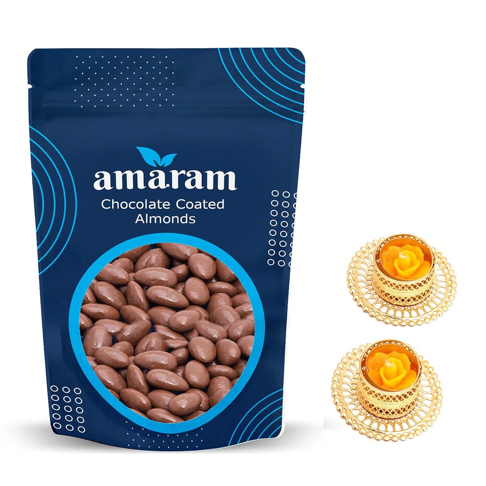 Amaram by Ghasitaram Chocolate Coated Almonds 200 GMS with 2 T-Lites|Dryfruit Gift Hamper|Dry Fruit Combo Pack Offer|Dry Fruit Gift Pack|Dry Fruit Box|Diwali Dry Fruit Gift Box|Mix Nut|