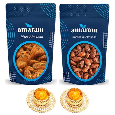 Amaram by Ghasitaram Pack of 2 Pizza, Barbeque Almonds Pouches with 2 T-Lites|Dryfruit Gift Hamper|Dry Fruit Combo Pack Offer|Dry Fruit Gift Pack|Dry Fruit Box|Diwali Dry Fruit Gift Pouch|Mix Nut|
