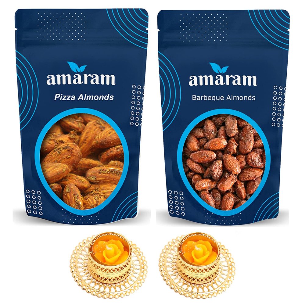 Amaram by Ghasitaram Pack of 2 Pizza, Barbeque Almonds Pouches with 2 T-Lites|Dryfruit Gift Hamper|Dry Fruit Combo Pack Offer|Dry Fruit Gift Pack|Dry Fruit Box|Diwali Dry Fruit Gift Pouch|Mix Nut|