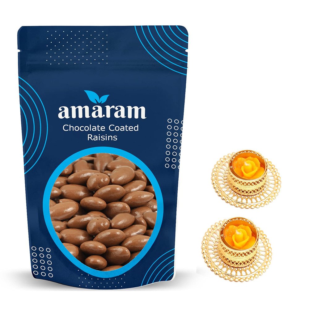 Amaram by Ghasitaram Chocolate Coated Raisins 200 GMS with 2 T-Lites|Dryfruit Gift Hamper|Dry Fruit Combo Pack Offer|Dry Fruit Gift Pack|Dry Fruit Box|Diwali Dry Fruit Gift Box|Mix Nut|