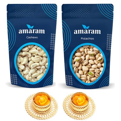 Amaram by Ghasitaram Cashews and Pistachios Pouches with 2 T-Lites|Dryfruit Gift Hamper|Dry Fruit Combo Pack Offer|Dry Fruit Gift Pack|Dry Fruit Box|Diwali Dry Fruit Gift Pouch|Mix Nut|