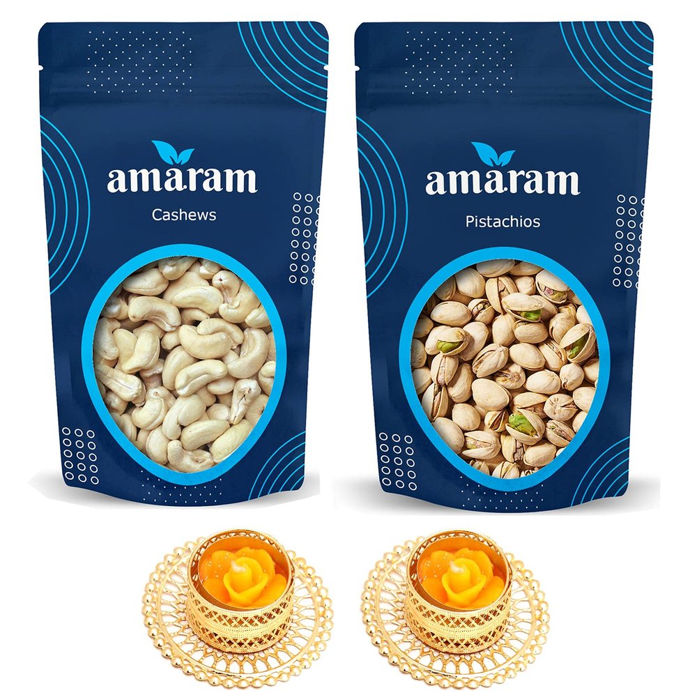 Amaram by Ghasitaram Cashews and Pistachios Pouches with 2 T-Lites|Dryfruit Gift Hamper|Dry Fruit Combo Pack Offer|Dry Fruit Gift Pack|Dry Fruit Box|Diwali Dry Fruit Gift Pouch|Mix Nut|