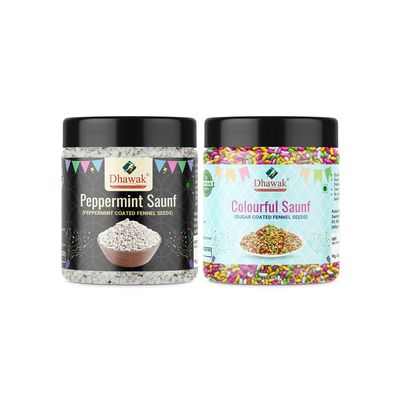 Dhawak Combo Pack of White Sweet Mint Saunf and Colourful Sugar Coated Fennel Seed 300 gms Each Total 600 gms