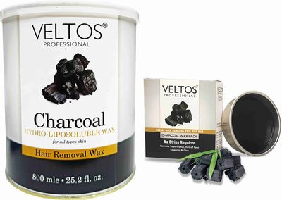 VELTOS PROFESSIONAL Charcoal Hydro Liposoluble Body Wax 800ml with Charcoal Facial Peel Off Katori Wax 80gm for Women's | Waxing Combo