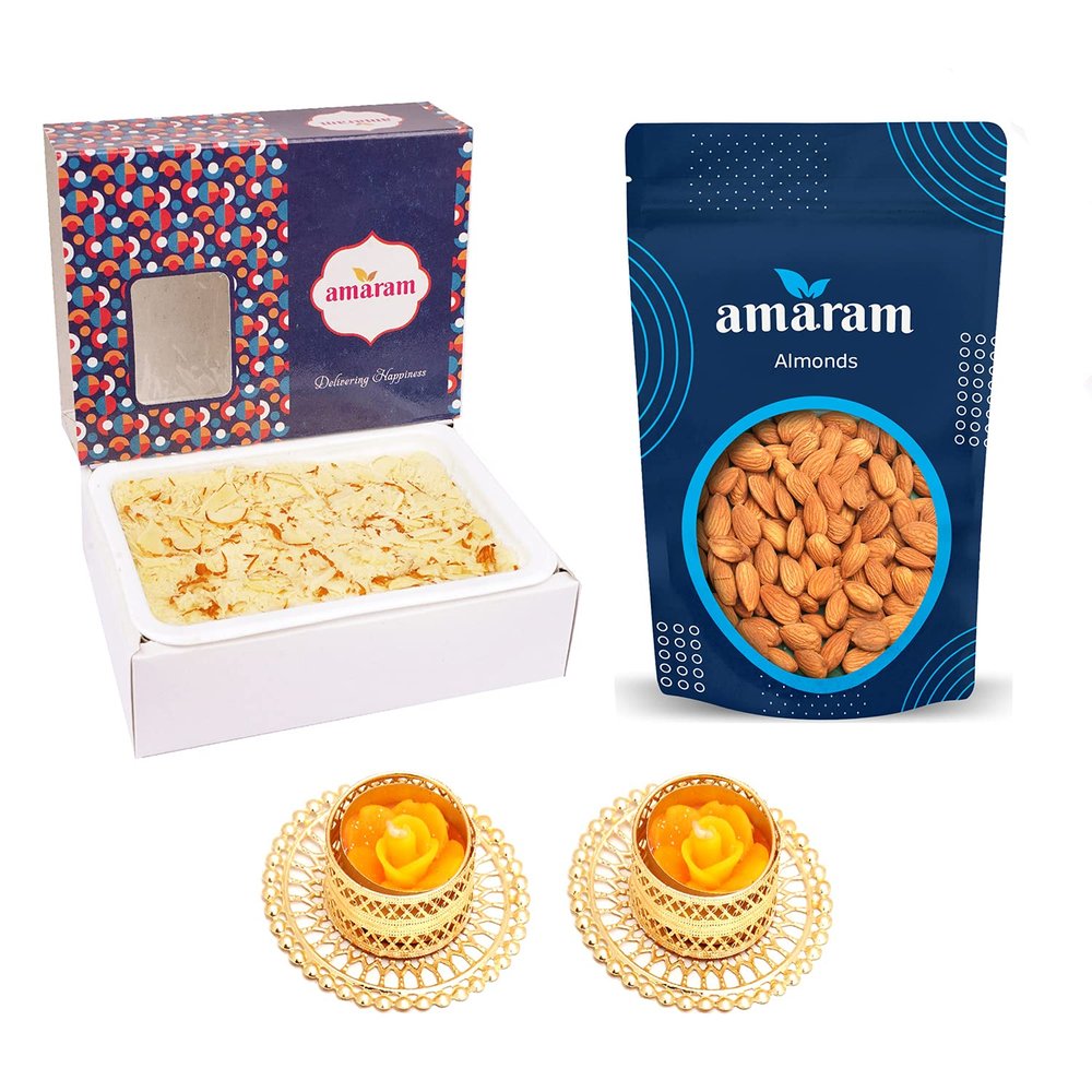 Amaram by Ghasitaram Soan Papdi and Almonds Pouch with 2 T-Lites |Gift Hamper|Diwali Gift Hamper|Food Hampers|Gourmet Hampers|