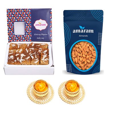 Amaram by Ghasitaram Milk Cake and Almonds Pouch with 2 T-Lites |Dryfruit Gift Hamper|Dry Fruit Combo Pack Offer|Dry Fruit Gift Pack|Dry Fruit Box|Diwali Dry Fruit Gift Pouch|Mix Nut|