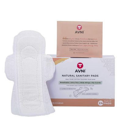 Avni - Natural Cotton Sanitary Pads with Disposal Bags | Pack of 24 | Large 280MM | Ultra-Thin Rash Free Pads for Women | Suitable for Normal-Sensitive Skin | Wide Wings & with Hip Guards